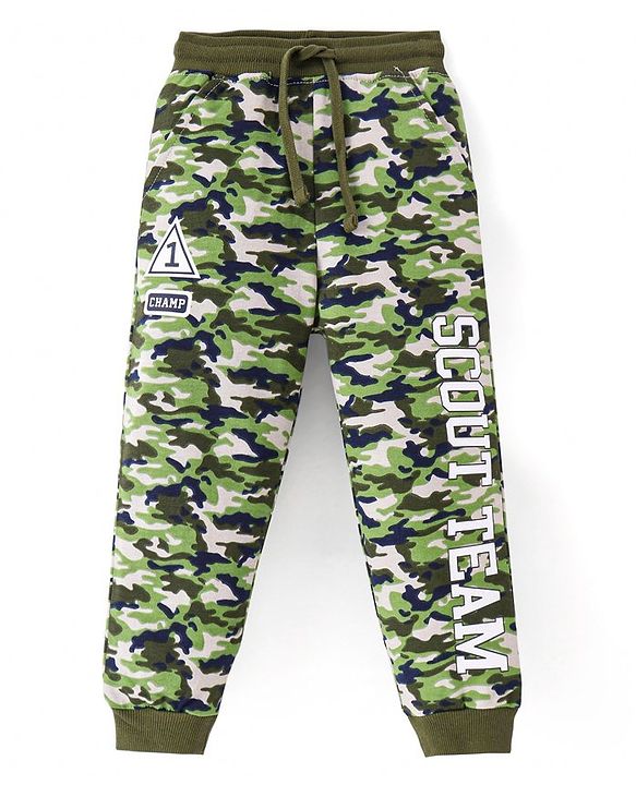 Babyhug Cotton Terry Knit Full Length Camouflage Printed Track Pant - Green