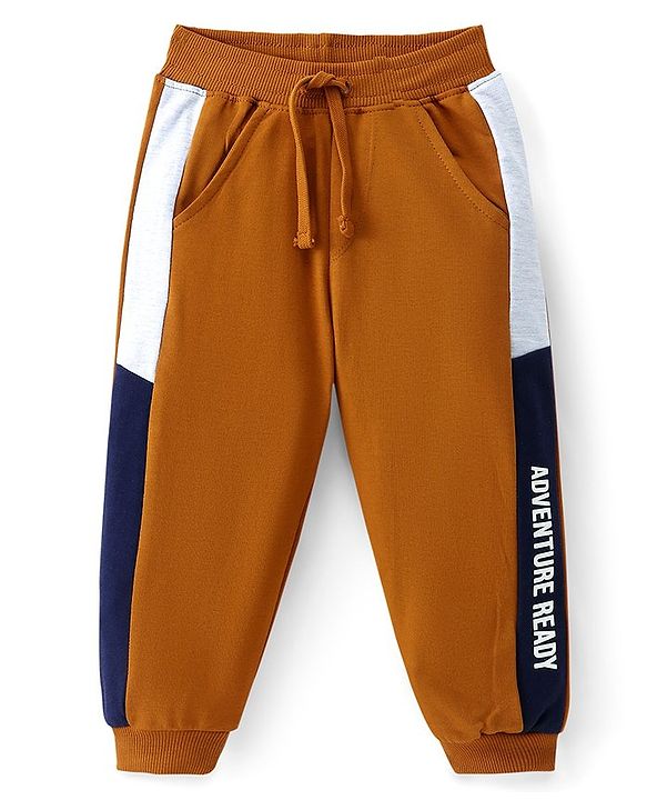 Babyhug Cotton Terry Knit Lounge Pant with Color-Block Design & Text Print - Rust