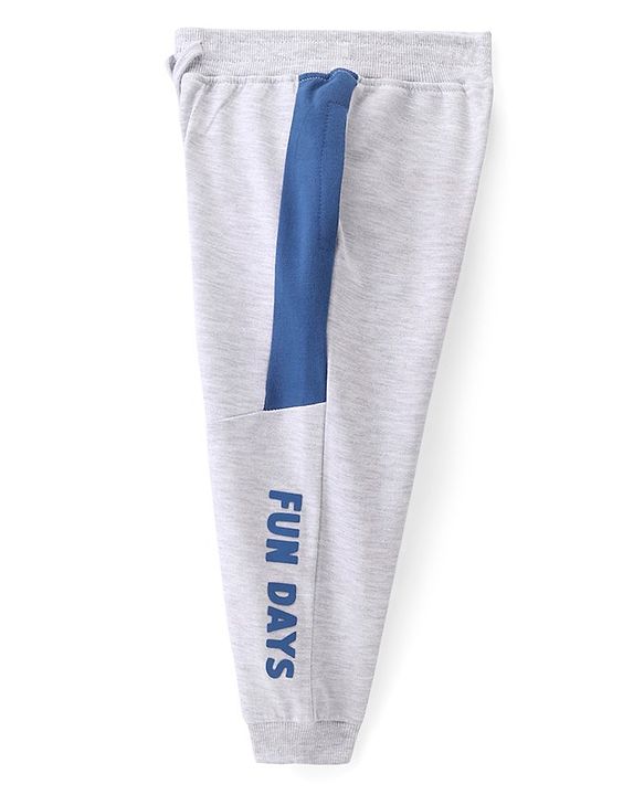 Babyhug Cotton Terry Knit Full Length Colour Block Design Lounge Pant with Text Print - Grey