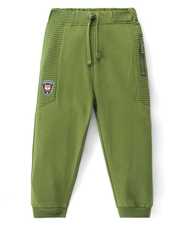 Babyhug Cotton Terry Knit Full Length Lounge Pant with Fox Applique - Green