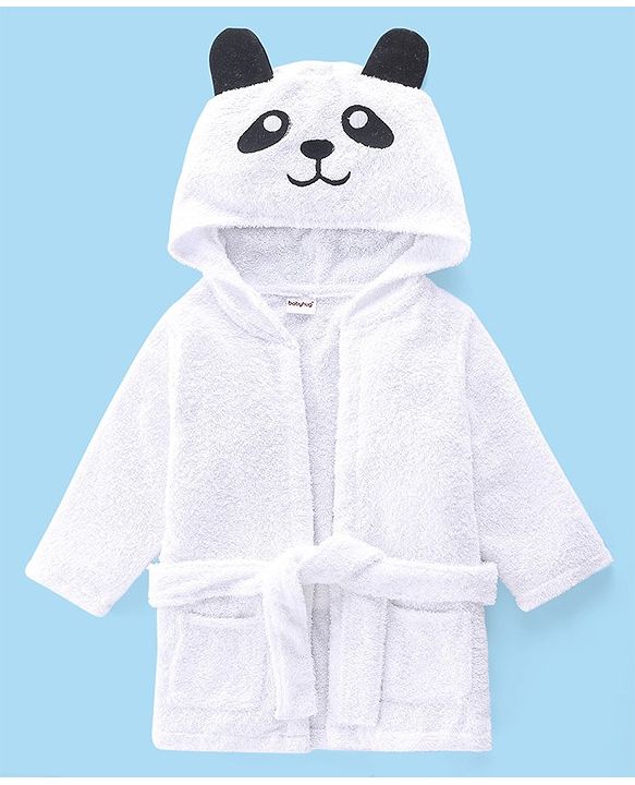 Babyhug Woven Terry Full Sleeve Bathrobe with Panda Print- White