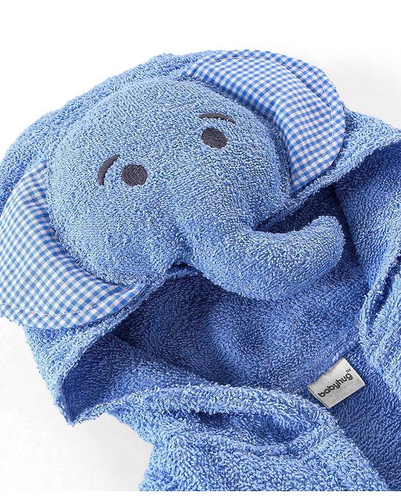 Babyhug  Woven  Hooded Full Sleeves Bath Robe With Pockets & Elephant Applique - Blue