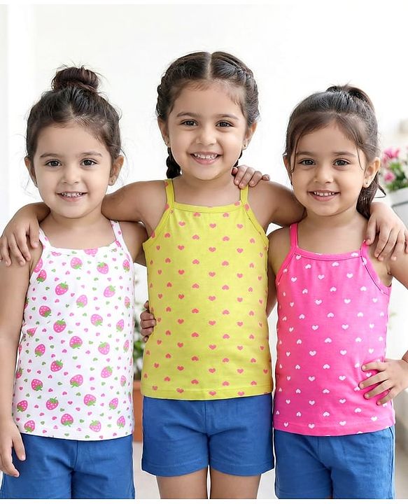 Babyhug 100% Cotton Knit Singlet Sleeves Slips With Heart Print Pack of 3- Multicolor
