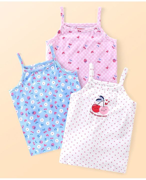 Babyhug 100% Cotton Knit Singlet Sleeves Slips Floral & Fruits Print Pack of 3 - White Pink & Blue
