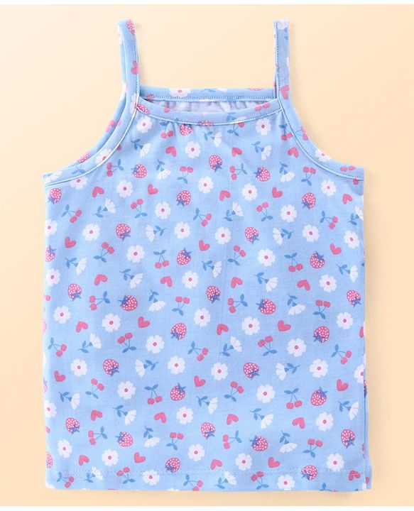 Babyhug 100% Cotton Knit Singlet Sleeves Slips Floral & Fruits Print Pack of 3 - White Pink & Blue