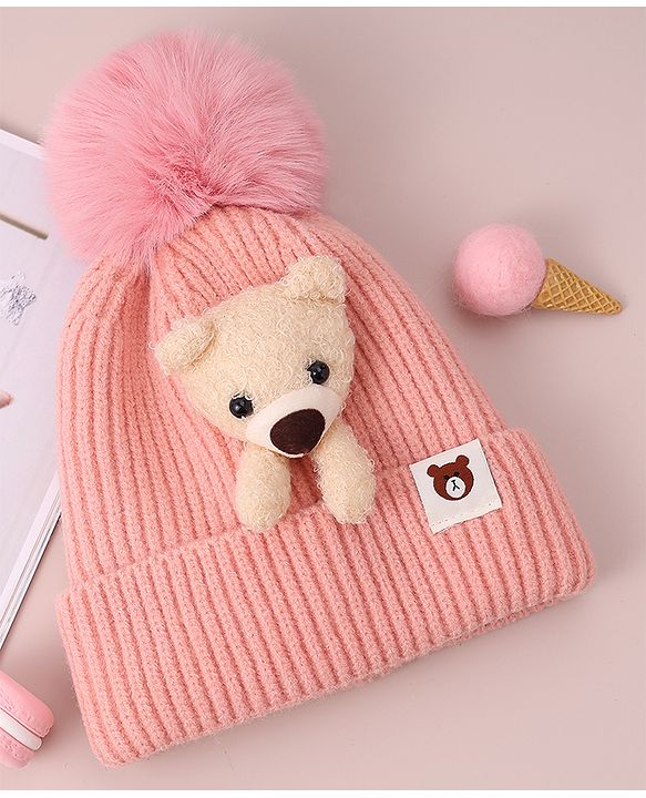 Babyhug Woolen Cap with Teddy Bear Applique - Pink