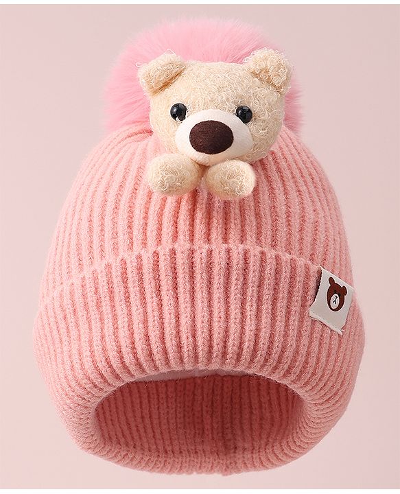 Babyhug Woolen Cap with Teddy Bear Applique - Pink