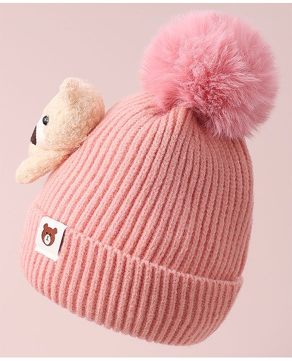 Babyhug Woolen Cap with Teddy Bear Applique - Pink