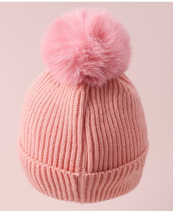 Babyhug Woolen Cap with Teddy Bear Applique - Pink
