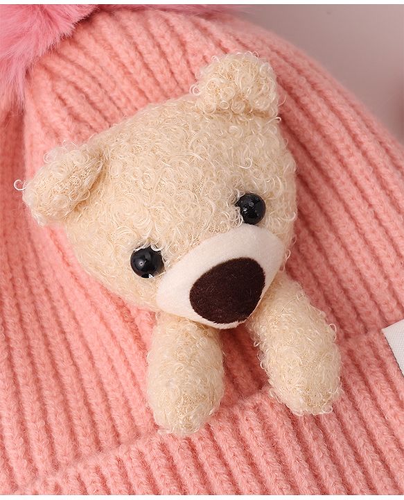 Babyhug Woolen Cap with Teddy Bear Applique - Pink