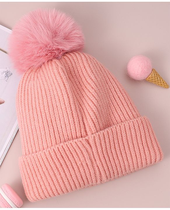 Babyhug Woolen Cap with Teddy Bear Applique - Pink