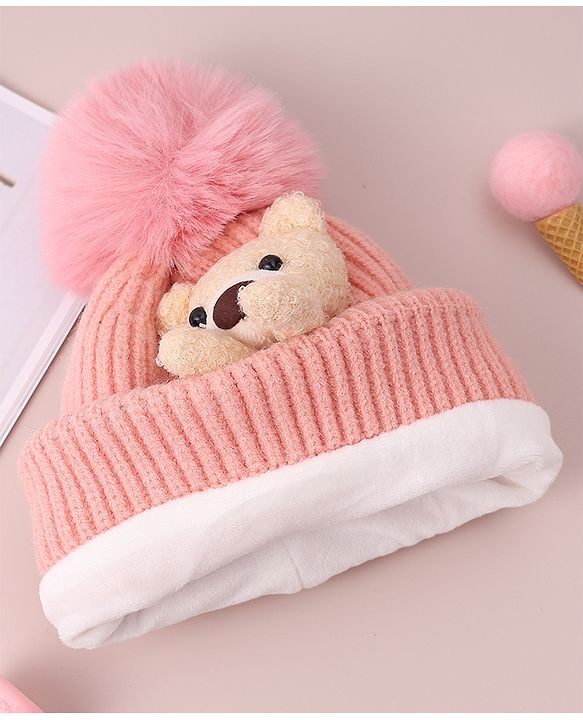 Babyhug Woolen Cap with Teddy Bear Applique - Pink