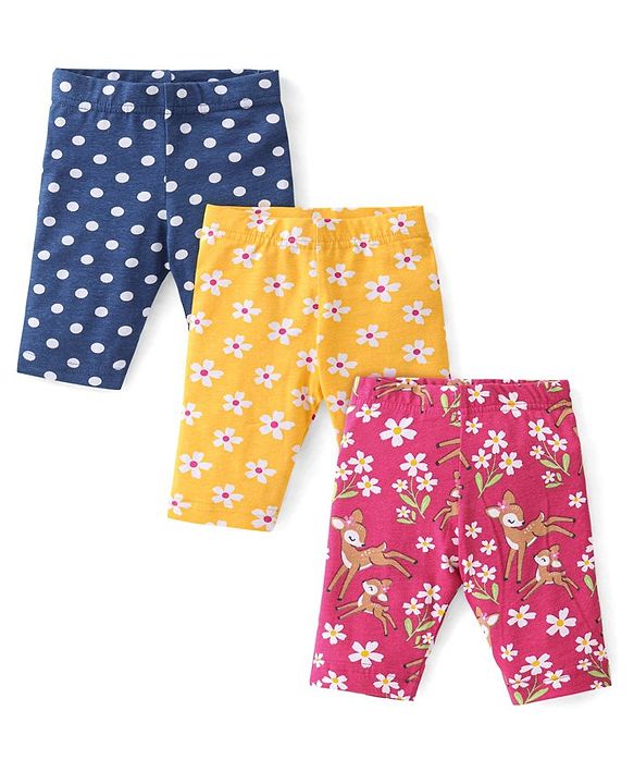 Babyhug Cotton Lycra Three Fourth Leggings with Floral & Polka Dots Print Pack of 3 - Multicolour
