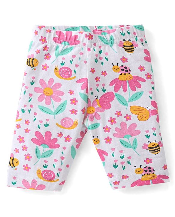 Babyhug Cotton Lycra Three Fourth Leggings with Polka Dots & Floral Print Pack of 3 - Multicolour