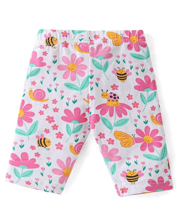 Babyhug Cotton Lycra Three Fourth Leggings with Polka Dots & Floral Print Pack of 3 - Multicolour