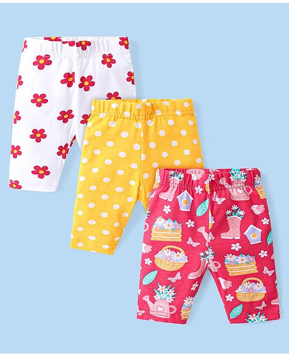 Babyhug Cotton Lycra Knit  Three Fourth Leggings with Floral & Polka Dots Print  Pack of 3 - Pink Yellow & White