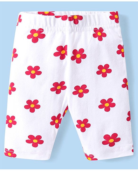 Babyhug Cotton Lycra Knit  Three Fourth Leggings with Floral & Polka Dots Print  Pack of 3 - Pink Yellow & White