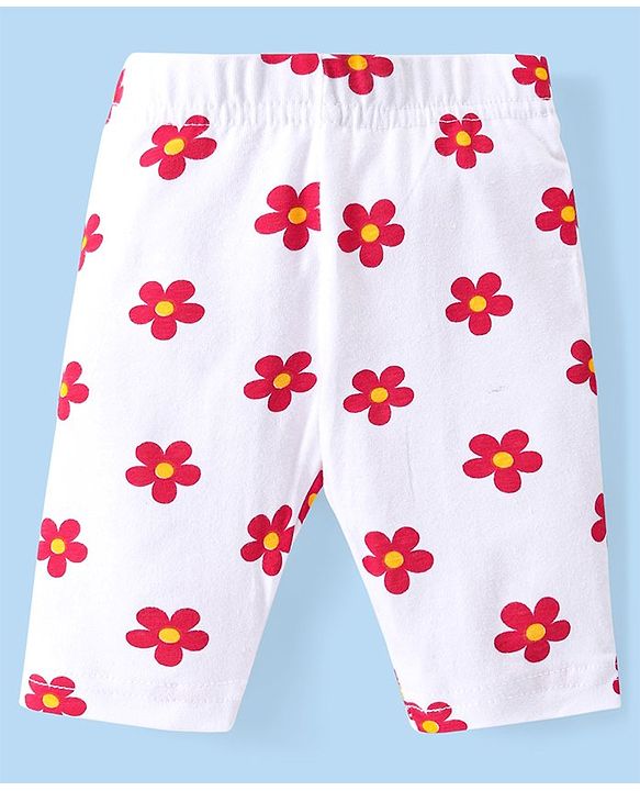 Babyhug Cotton Lycra Knit  Three Fourth Leggings with Floral & Polka Dots Print  Pack of 3 - Pink Yellow & White