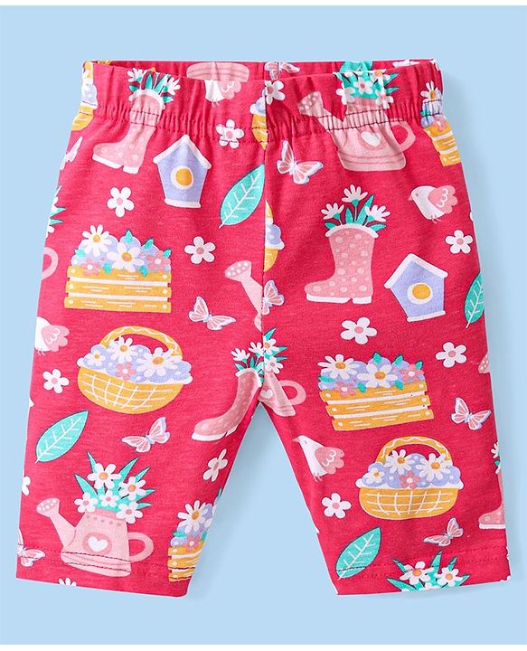 Babyhug Cotton Lycra Knit  Three Fourth Leggings with Floral & Polka Dots Print  Pack of 3 - Pink Yellow & White