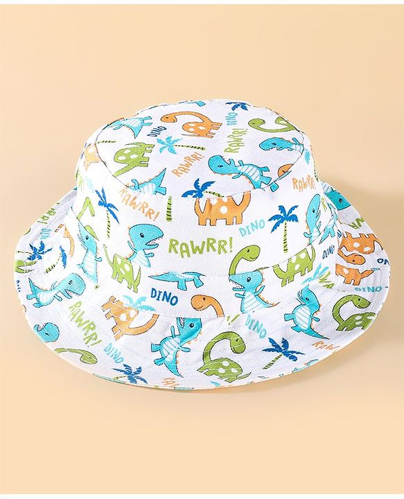 Babyhug Two Layer Cotton Woven Bucket Hat With Dino Print - White