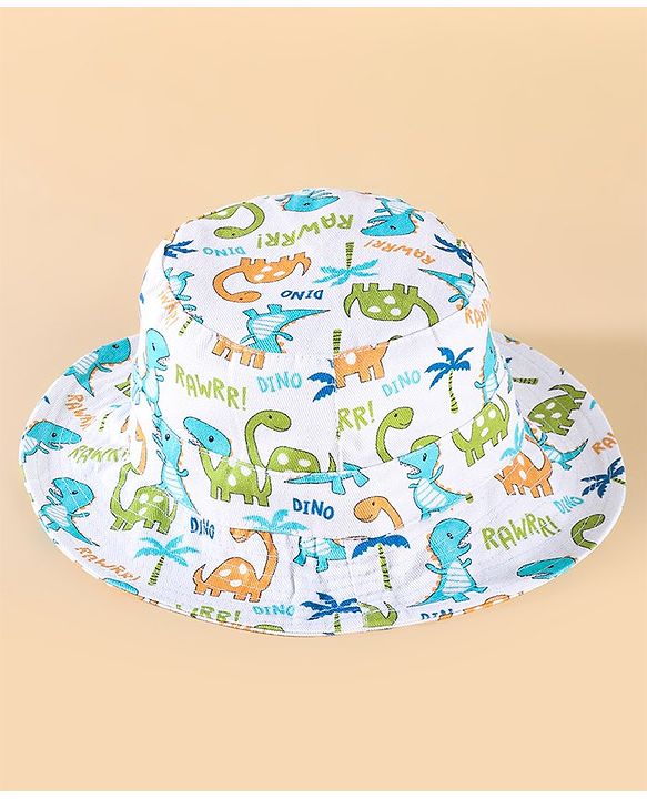 Babyhug Two Layer Cotton Woven Bucket Hat With Dino Print - White