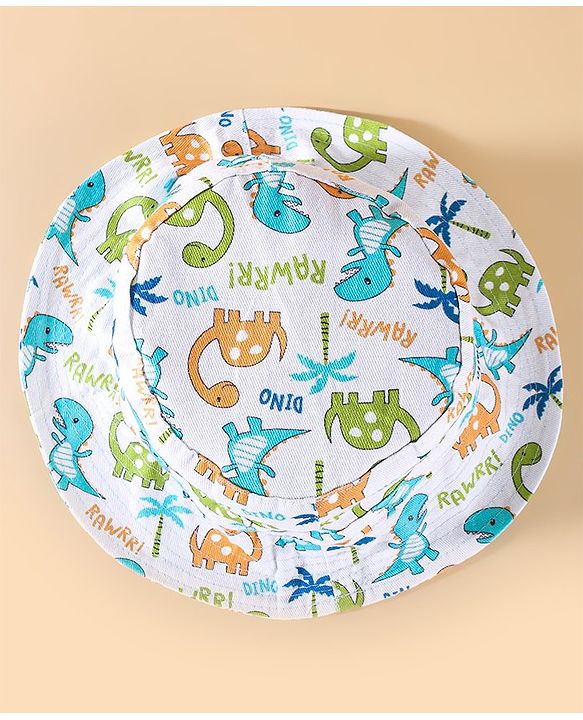 Babyhug Two Layer Cotton Woven Bucket Hat With Dino Print - White
