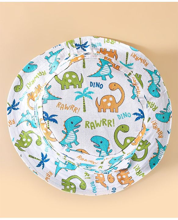 Babyhug Two Layer Cotton Woven Bucket Hat With Dino Print - White