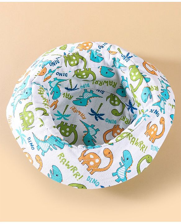 Babyhug Two Layer Cotton Woven Bucket Hat With Dino Print - White