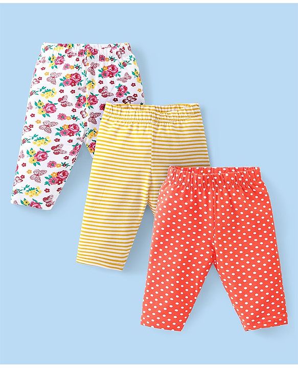 Babyhug Cotton Lycra Three Fourth Leggings Striped Polka Dot & Floral Print Pack of 3 - White Yellow & Red