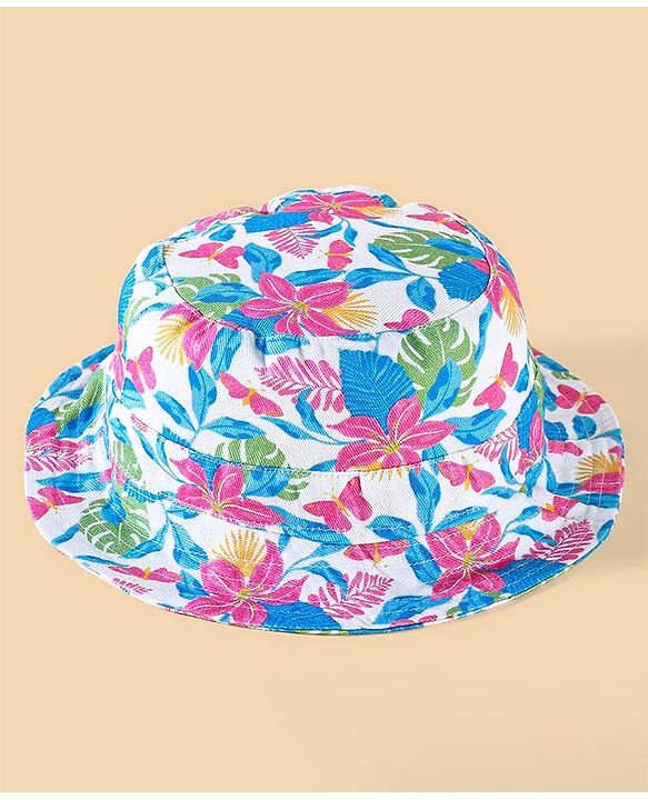 Babyhug Two Layer Cotton Woven Bucket Hat With Floral Print - Multicolor