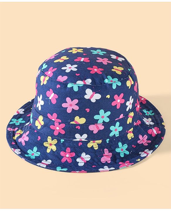 Babyhug Two Layer Cotton Woven Bucket Hat With Floral Print - Navy