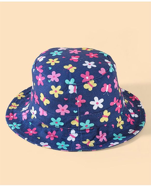 Babyhug Two Layer Cotton Woven Bucket Hat With Floral Print - Navy
