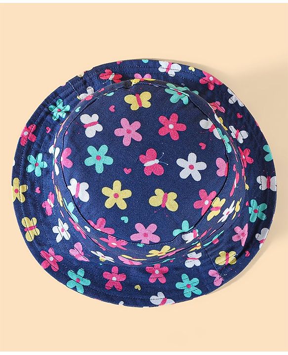 Babyhug Two Layer Cotton Woven Bucket Hat With Floral Print - Navy