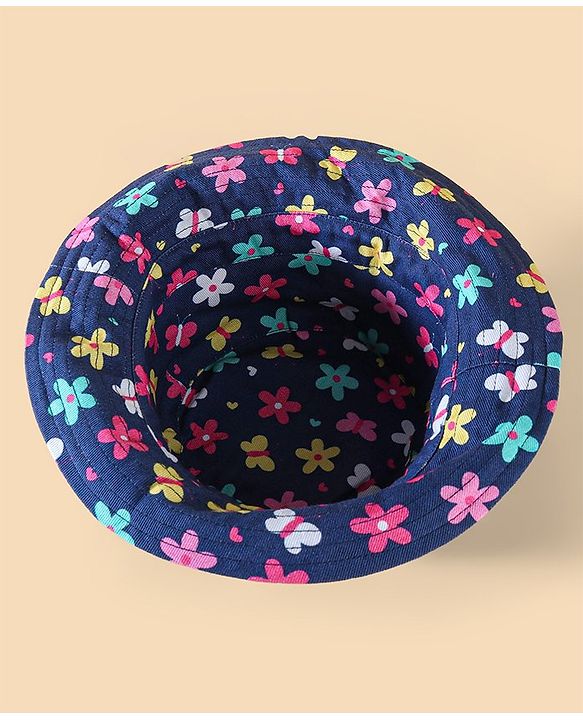 Babyhug Two Layer Cotton Woven Bucket Hat With Floral Print - Navy