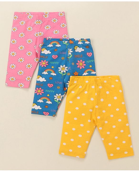 Babyhug Cotton Lycra Knit Three Fourth Striped  Leggings with Floral & Polka Dots Print Pack of 3 - Multicolour