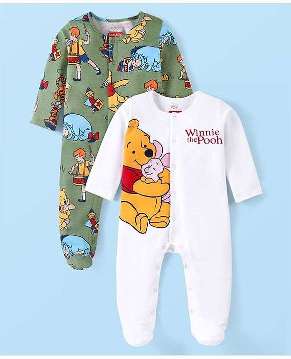 Babyhug Disney Cotton Knit Full Sleeves Sleep Suits With Winnie The Pooh Graphics Pack Of 2 - Green & White