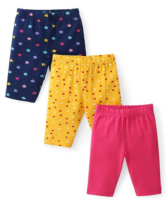 Babyhug Cotton Lycra Three Fourth Leggings  with Star & Polka Dot Print Pack of 3 - Multicolor