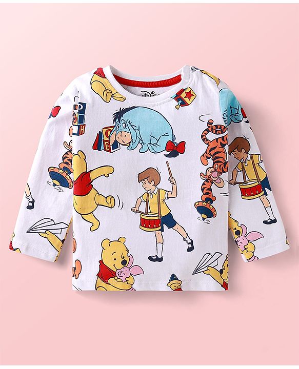 Babyhug Disney Single Jersey Knit Dungaree & Full Sleeves T-Shirt With Winnie The Pooh Graphics & Pocket Detailing - Blue & Red