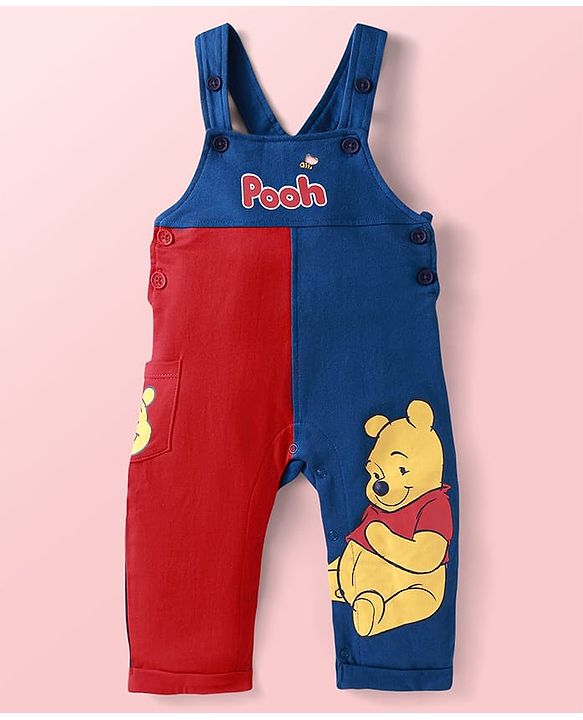 Babyhug Disney Single Jersey Knit Dungaree & Full Sleeves T-Shirt With Winnie The Pooh Graphics & Pocket Detailing - Blue & Red