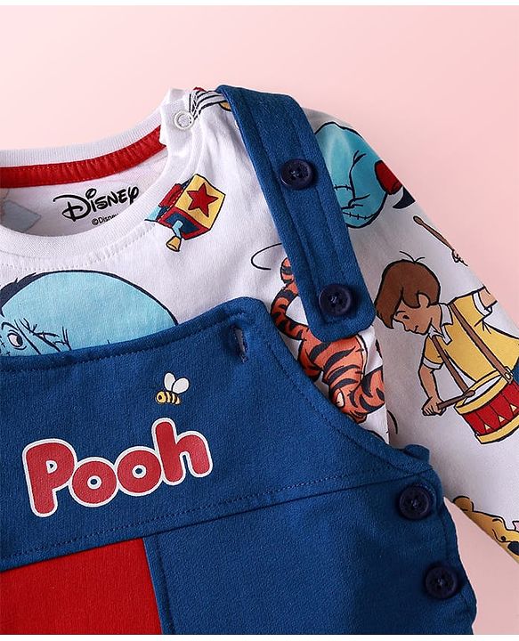 Babyhug Disney Single Jersey Knit Dungaree & Full Sleeves T-Shirt With Winnie The Pooh Graphics & Pocket Detailing - Blue & Red