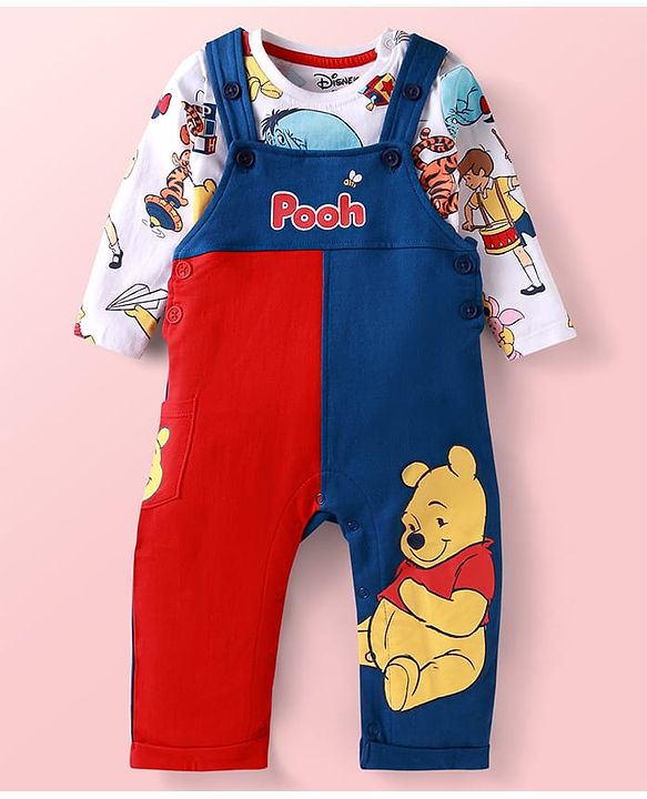 Babyhug Disney Single Jersey Knit Dungaree & Full Sleeves T-Shirt With Winnie The Pooh Graphics & Pocket Detailing - Blue & Red
