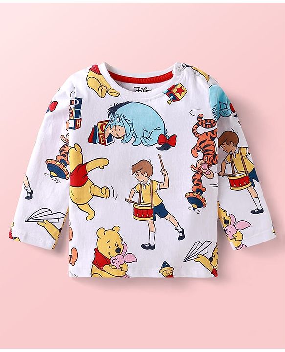 Babyhug Disney Single Jersey Knit Dungaree & Full Sleeves T-Shirt With Winnie The Pooh Graphics & Pocket Detailing - Blue & Red
