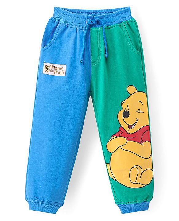 Babyhug Disney Cotton Knit Full Length Track Pant with Winnie The Pooh Graphics & Pocket Detailing  - Green & Blue