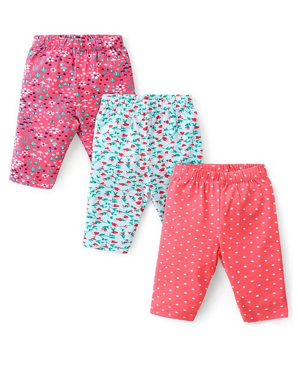 Babyhug Cotton Lycra Knit Three Fourth Leggings with Polka Dots & Floral Print Pack of 3 - Multicolour