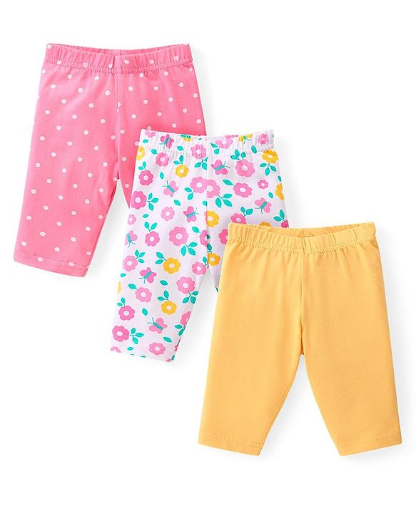 Babyhug Cotton Lycra Knit Three Fourth Leggings with  Floral & Polka Dots Print Pack of 3 - Yellow White & Pink