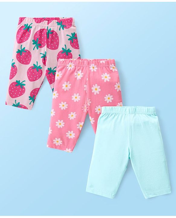 Babyhug Cotton Lycra Knit Three Fourth Leggings with Solid Floral & Strawberry Print Pack of 3 - Blue & Pink