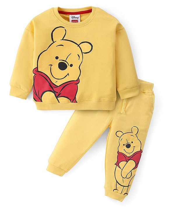 Babyhug Disney Terry Knit Full Sleeves Sweatshirt & Jogger With Winnie the Pooh Graphics and Sherpa Sleeves Detailing - Yellow