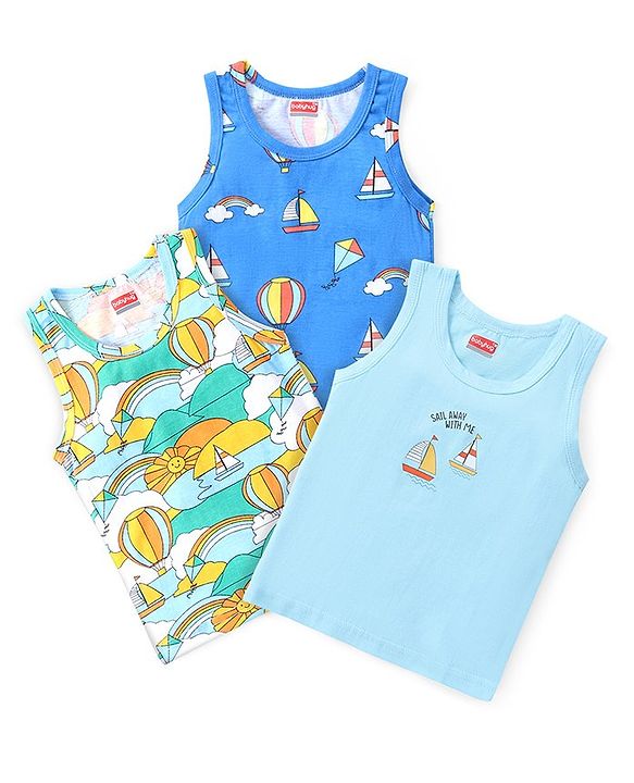 Babyhug 100% Cotton Knit Sleeveless Sando With Boat Print Pack of 3- Multicolor
