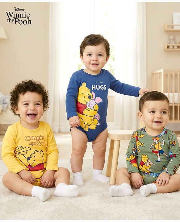 Babyhug Disney Interlock Knit Full Sleeves Onesies with Winnie The Pooh Graphic Pack of 3 - Multicolor