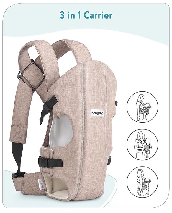 Babyhug Travel Nest Baby Carrier - 100% Polyester, 3 Carrying Positions (Inward Facing, Outward Facing, Back Carrying), Adjustable Straps, Lightweight Free Size (3.5-9kg, 3-12 Months), Hand Washable - Beige
